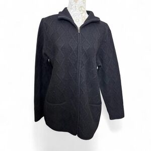 Talbots 100% Wool Black Full Zip Cozy Fall Winter Sweater Size Large Basic